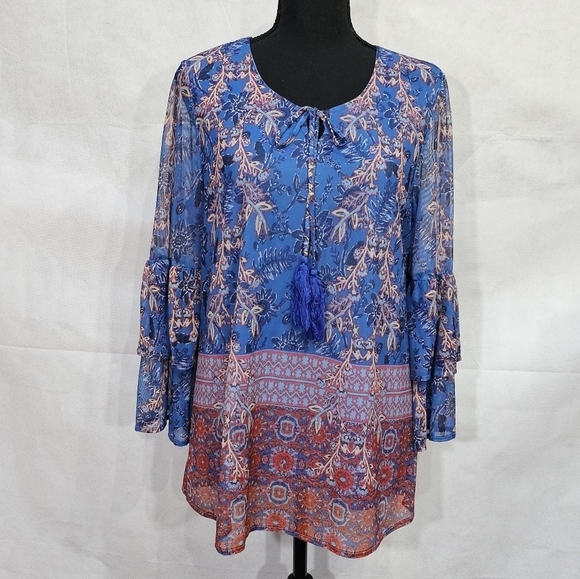 Reba Floral Tiered Sheer Ruffle Sleeve Blouse 97% Polyester 3% Spandex Size M - Picture 1 of 8